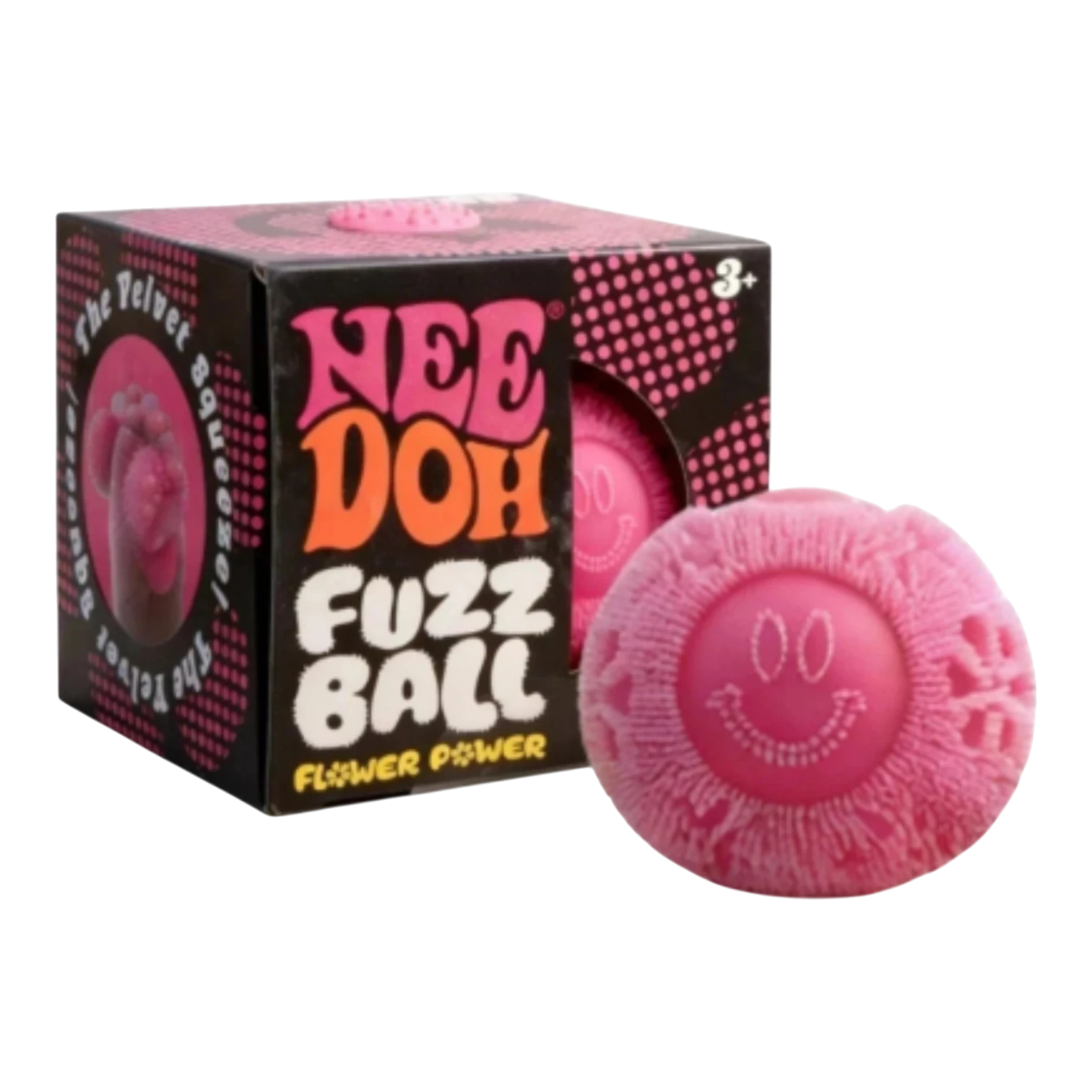 Squish Planet NeeDoh Fuzz Ball Flower Power fidget toy, pink fuzzy exterior with smiley face, soft squishy core for stress relief.